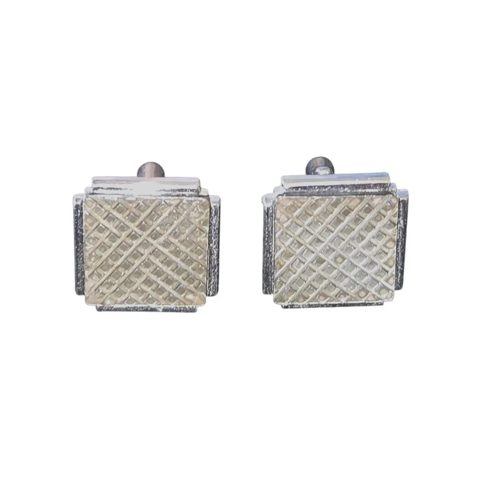 Swank Signed Charcoal Grid Cut Stone Inlaid Silver Tone‎ Cuff Links 0.75